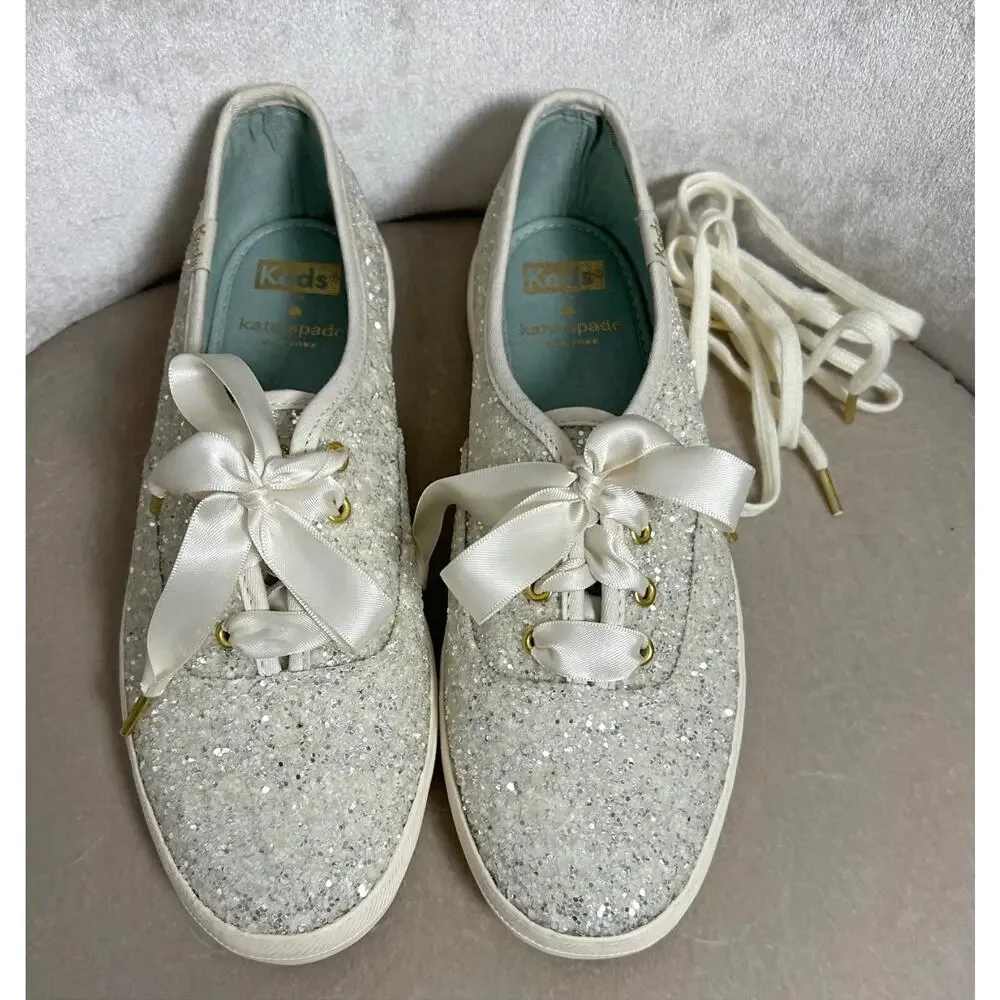 NEW! Keds X Kate Spade New York Champion White Glitter Sneakers w/ Ribbon, 6.5
